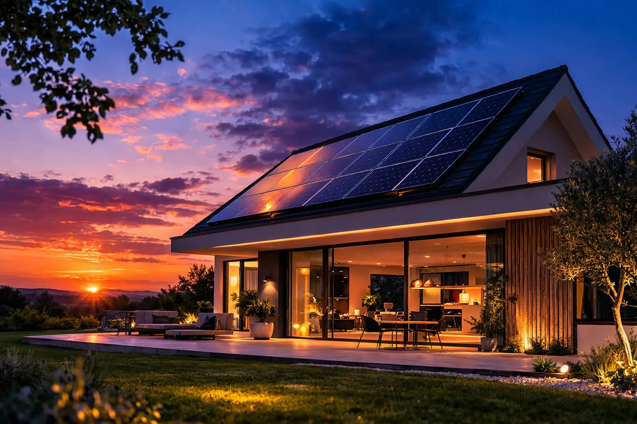 Maison équipée de panneaux solaires au coucher du soleil